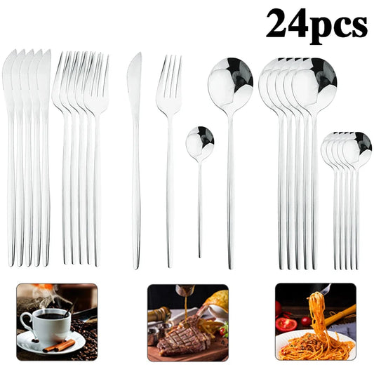 24-piece stainless steel silver tableware Western dinner set solid color cutlery set, suitable for festivals, parties.
