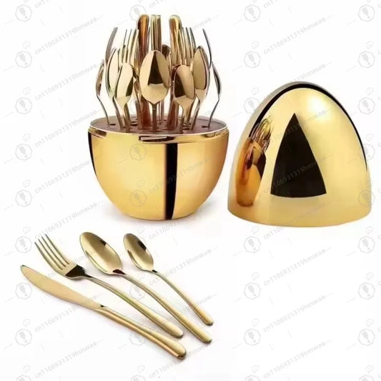 High-quality 24-piece gold and silver egg-shaped western tableware set stainless steel tableware set premium tableware set