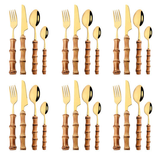 24Pcs Bamboo Cutlery Sets Stainless Steel Dinnerware Sets Gold Wooden Tableware Western Food Knife Fork Teaspoon Cutleries