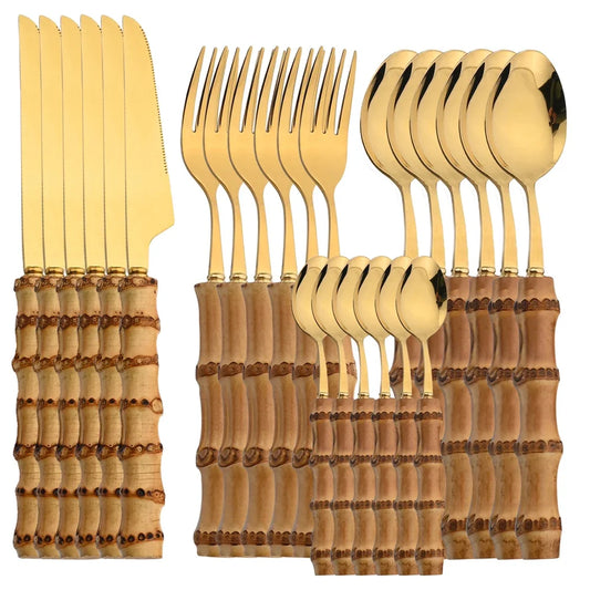 24Pcs Bamboo Cutlery Sets Stainless Steel Dinnerware Sets Gold Wooden Tableware Western Food Knife Fork Teaspoon Cutleries