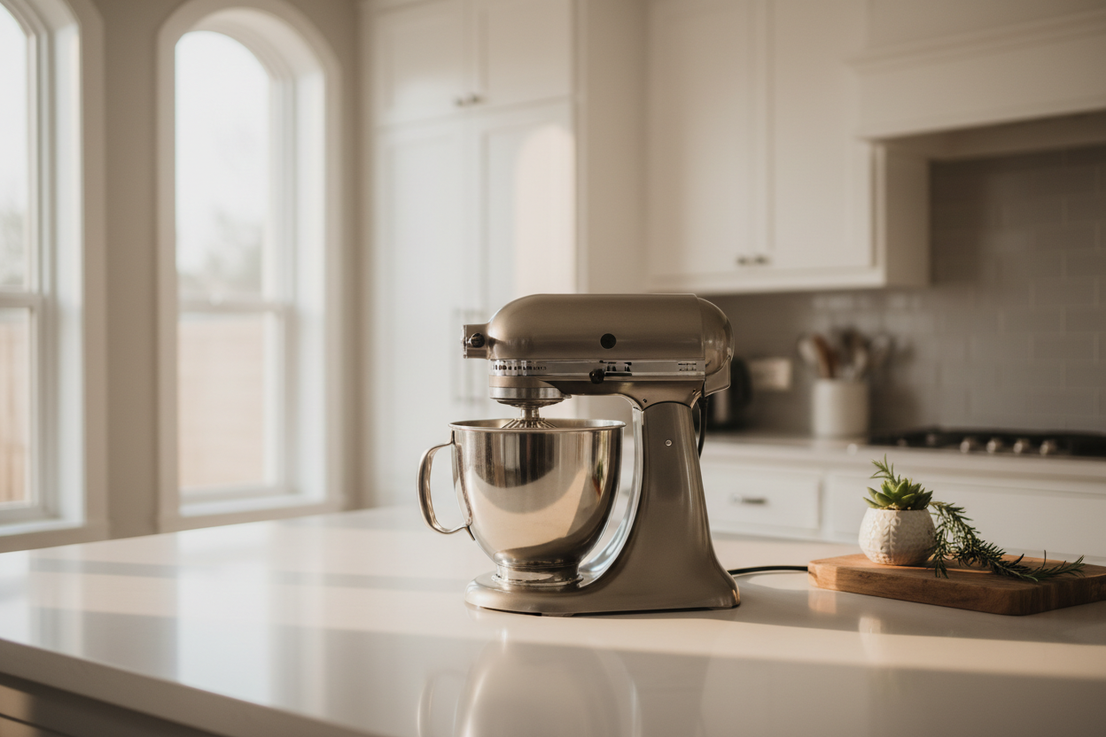 Kitchen item in real home kitchen, warm lighting, uncluttered background, horizontal lifestyle photography, premium look