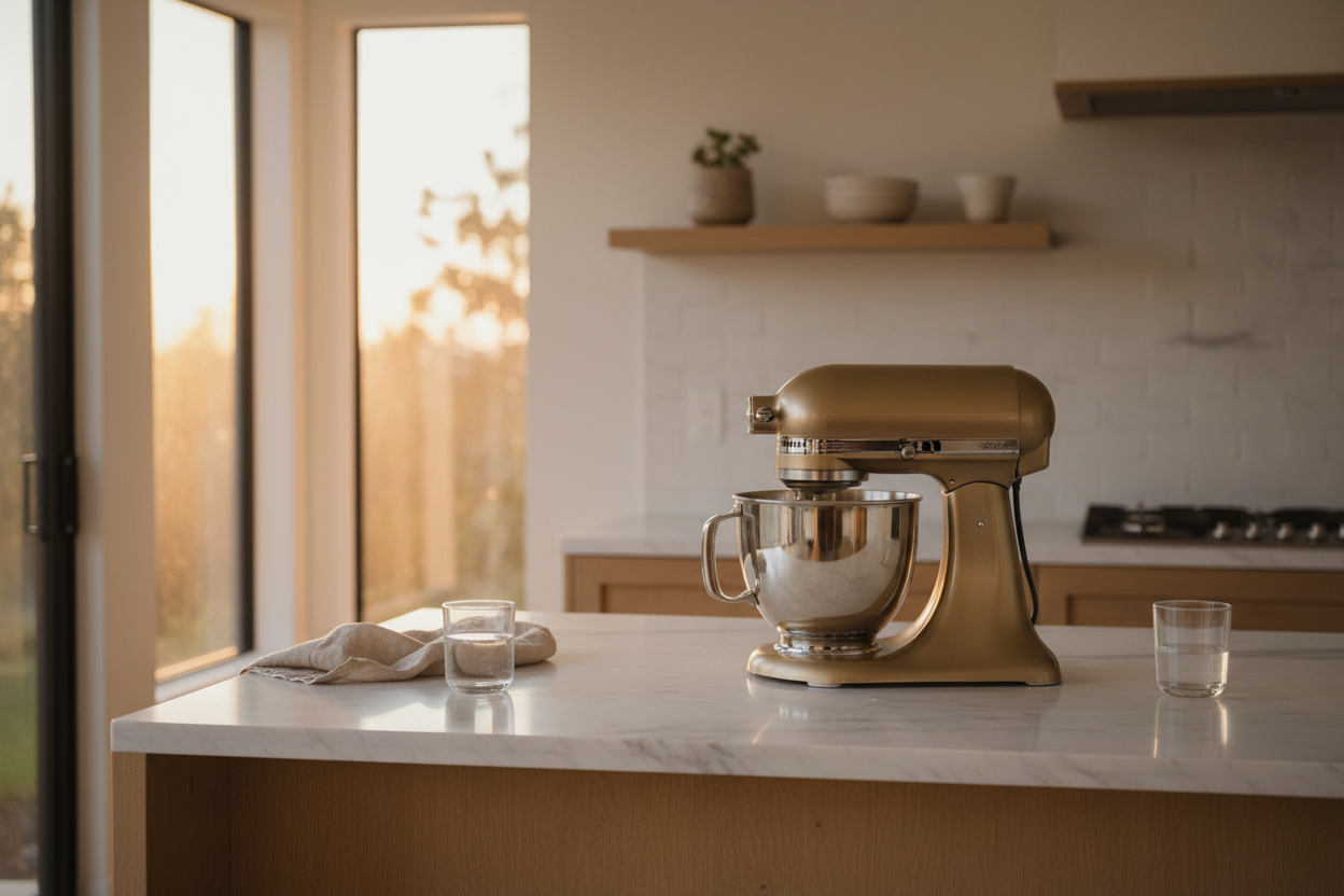 Kitchen or home gadget in real home setting, warm lighting, uncluttered background, horizontal lifestyle product photography, premium look