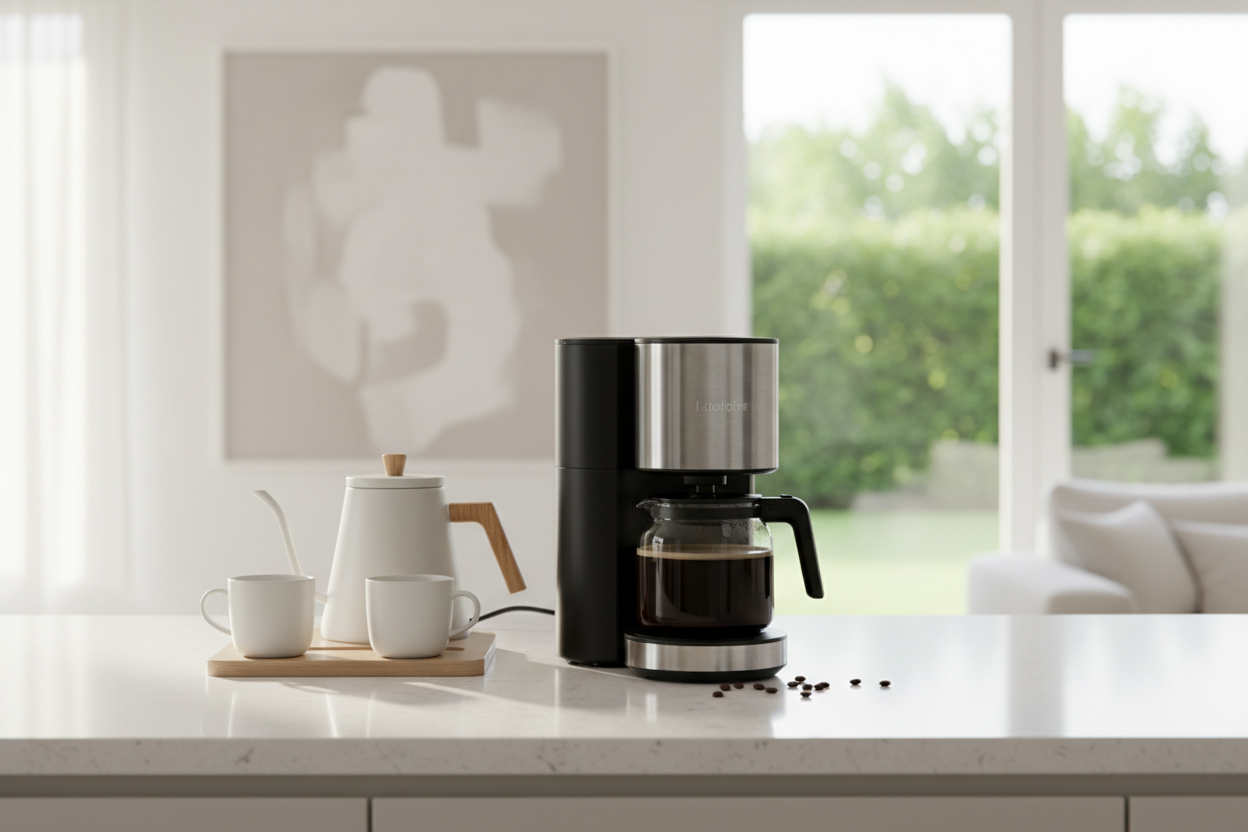 Modern kitchen or home product on clean countertop, soft natural light, minimal luxury background, horizontal composition, realistic lifestyle photography